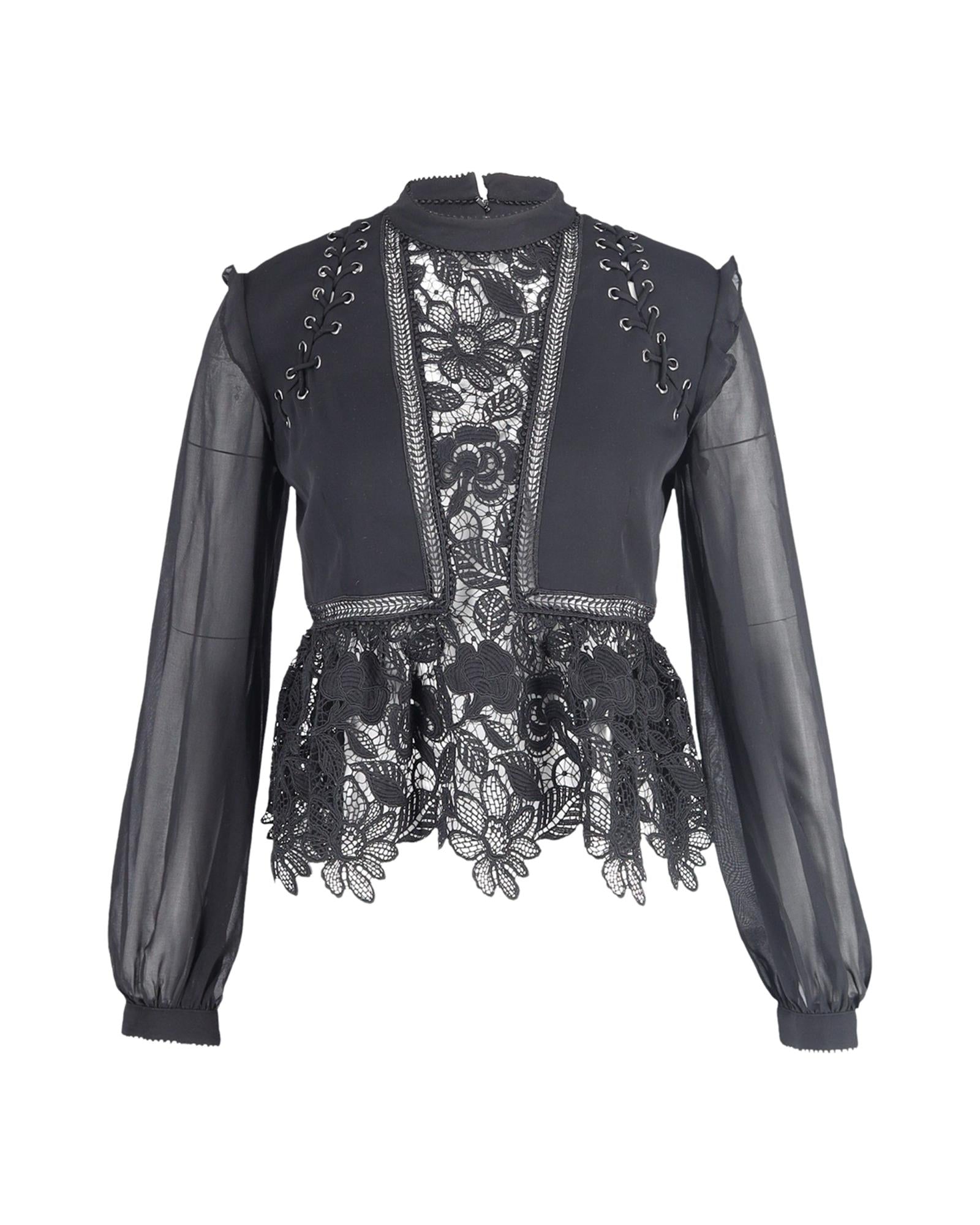 image of Floral-Lace Long-Sleeve Top with Edgy Details in Black Polyester