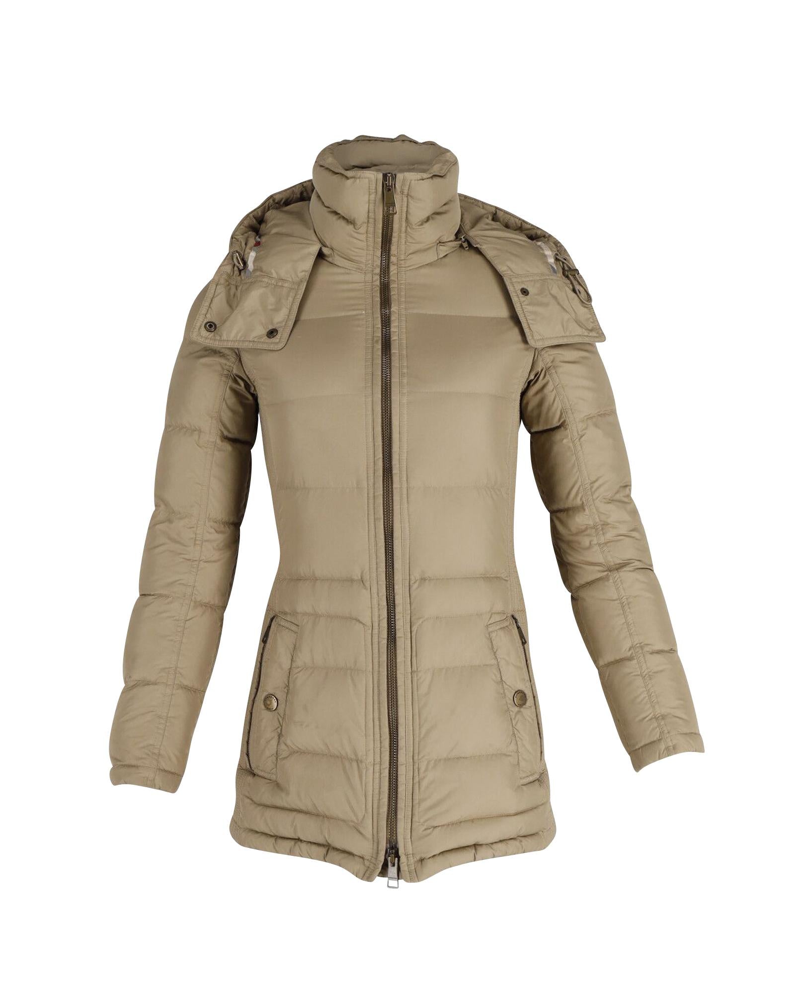 image of Beige Puffer Down Jacket with Hood and High-Neck for Women