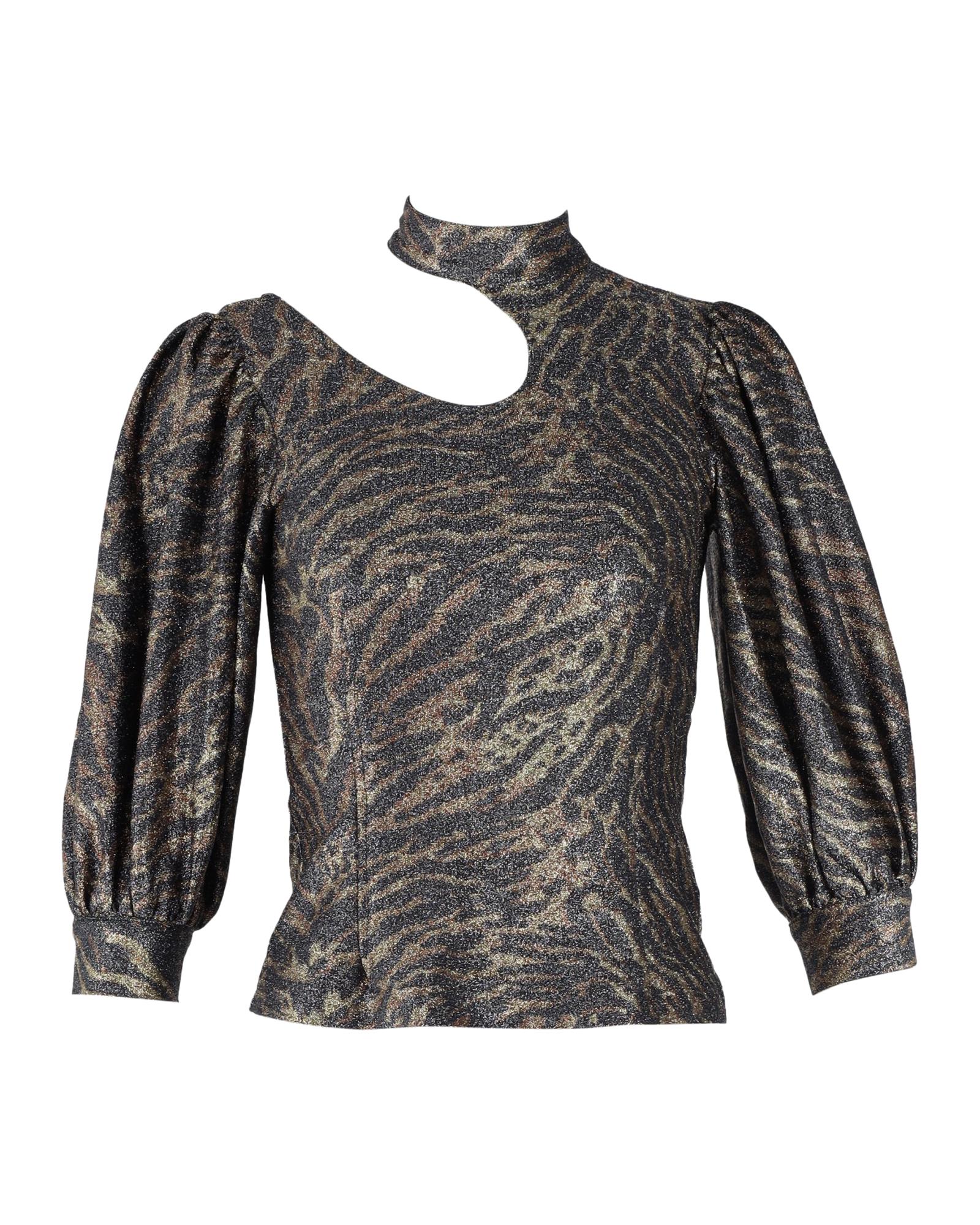 Image of Tiger-Print Cutout Blouse in Gold Polyester