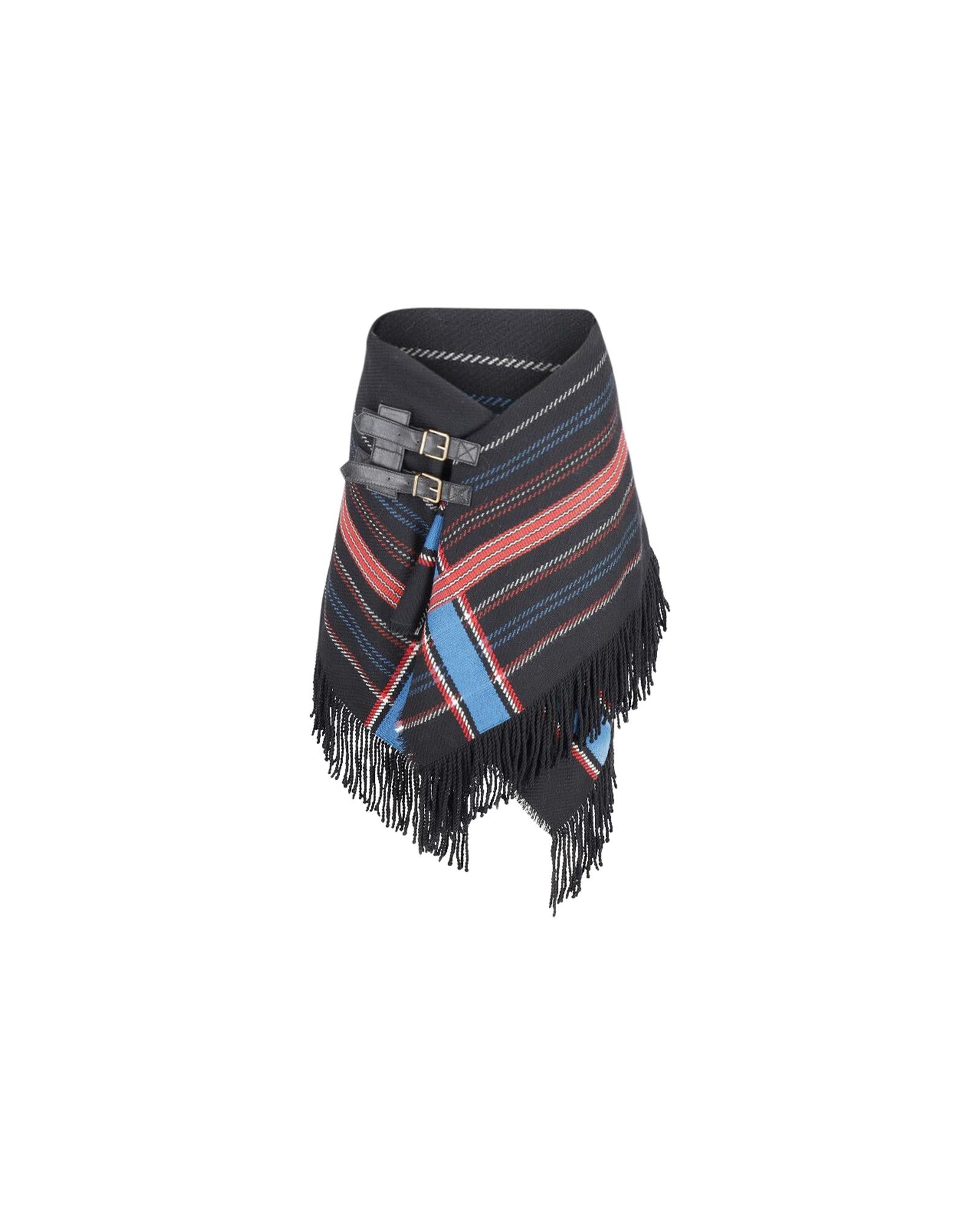 Image of Asymmetrical Vintage Wool Fringed Wrap Skirt with Buckled Closure.