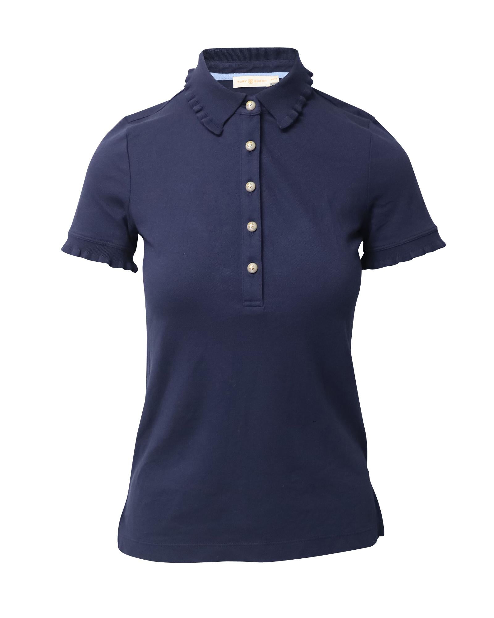 image of Ruffle Polo Shirt in Navy Blue Modal by Tory Burch