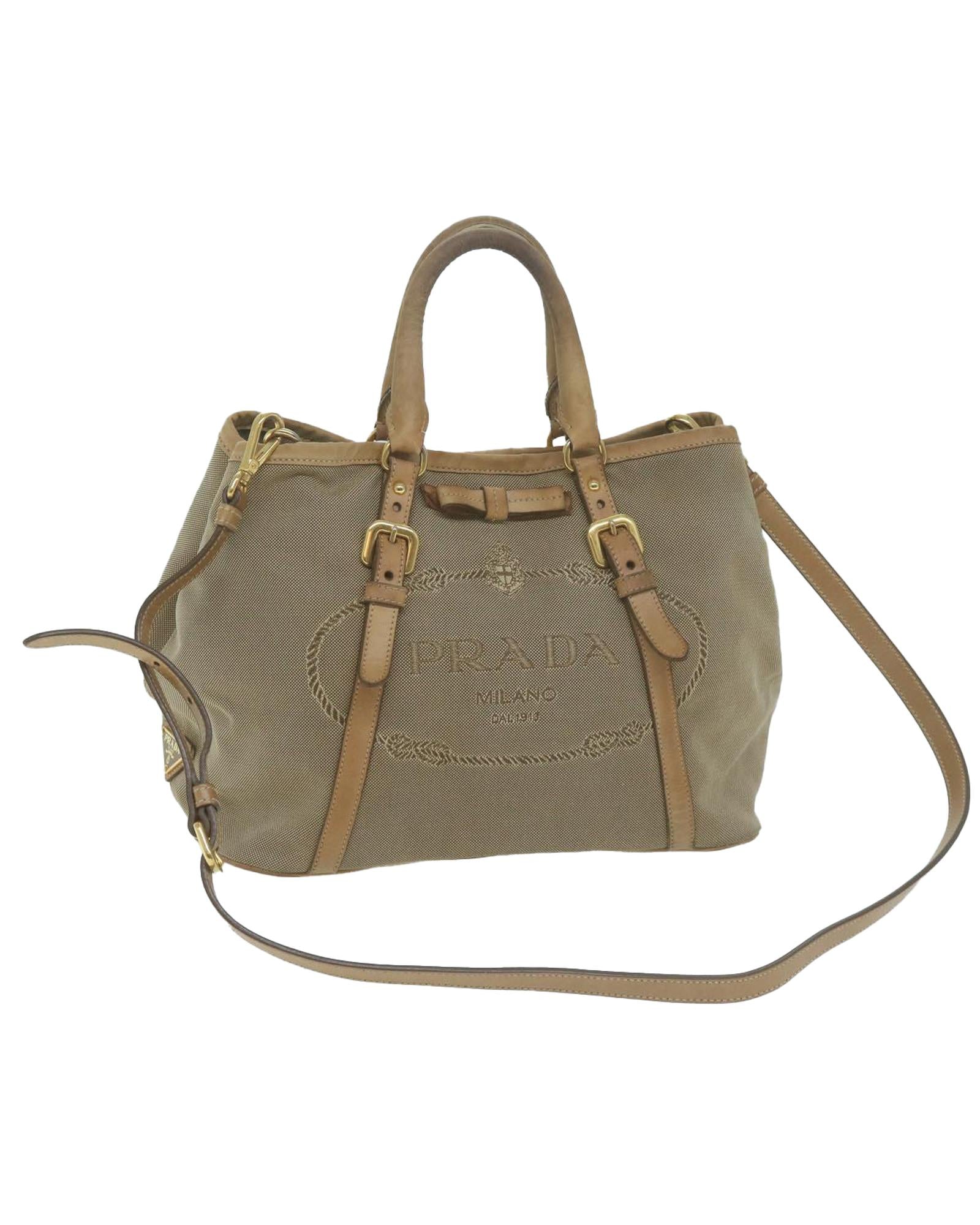 image of Canvas 2way Hand Bag with Shoulder Strap - Beige