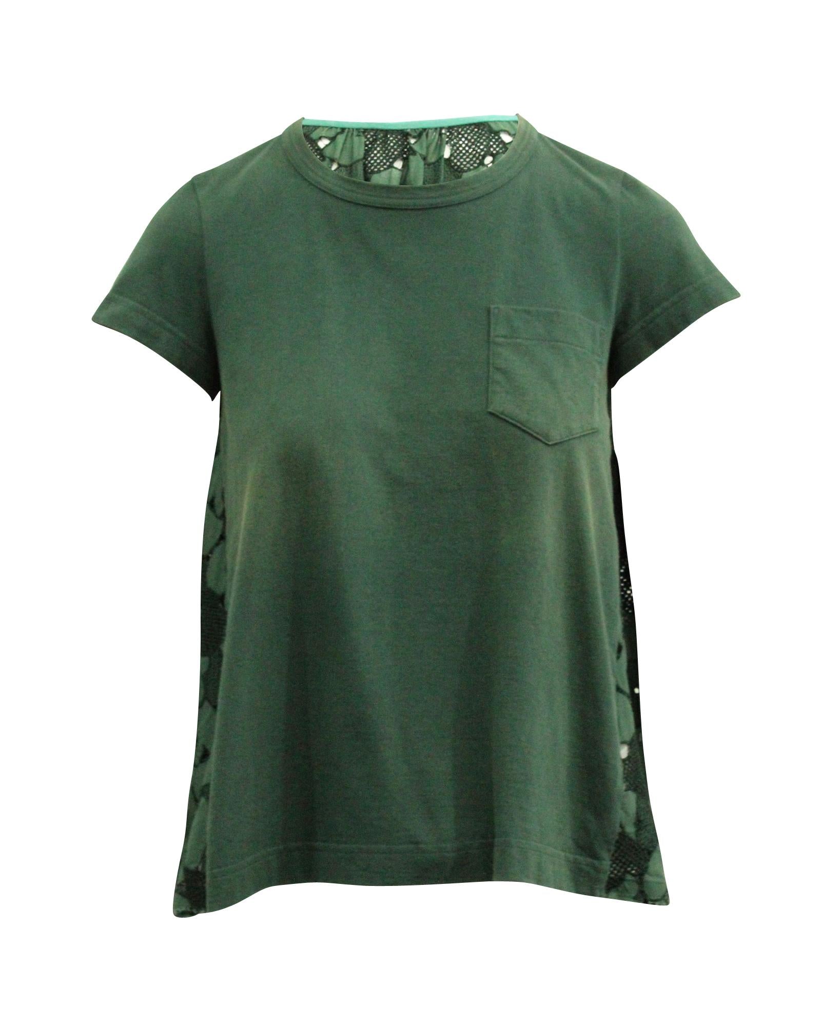 image of Green Cotton Panel Lace Pleated T-shirt by Sacai