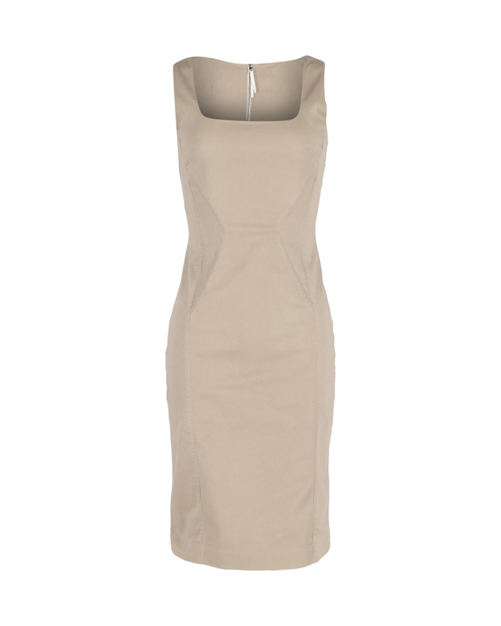 Image of Square Neckline Knee-Length Cotton Dress in Beige by Dolce & Gabbana