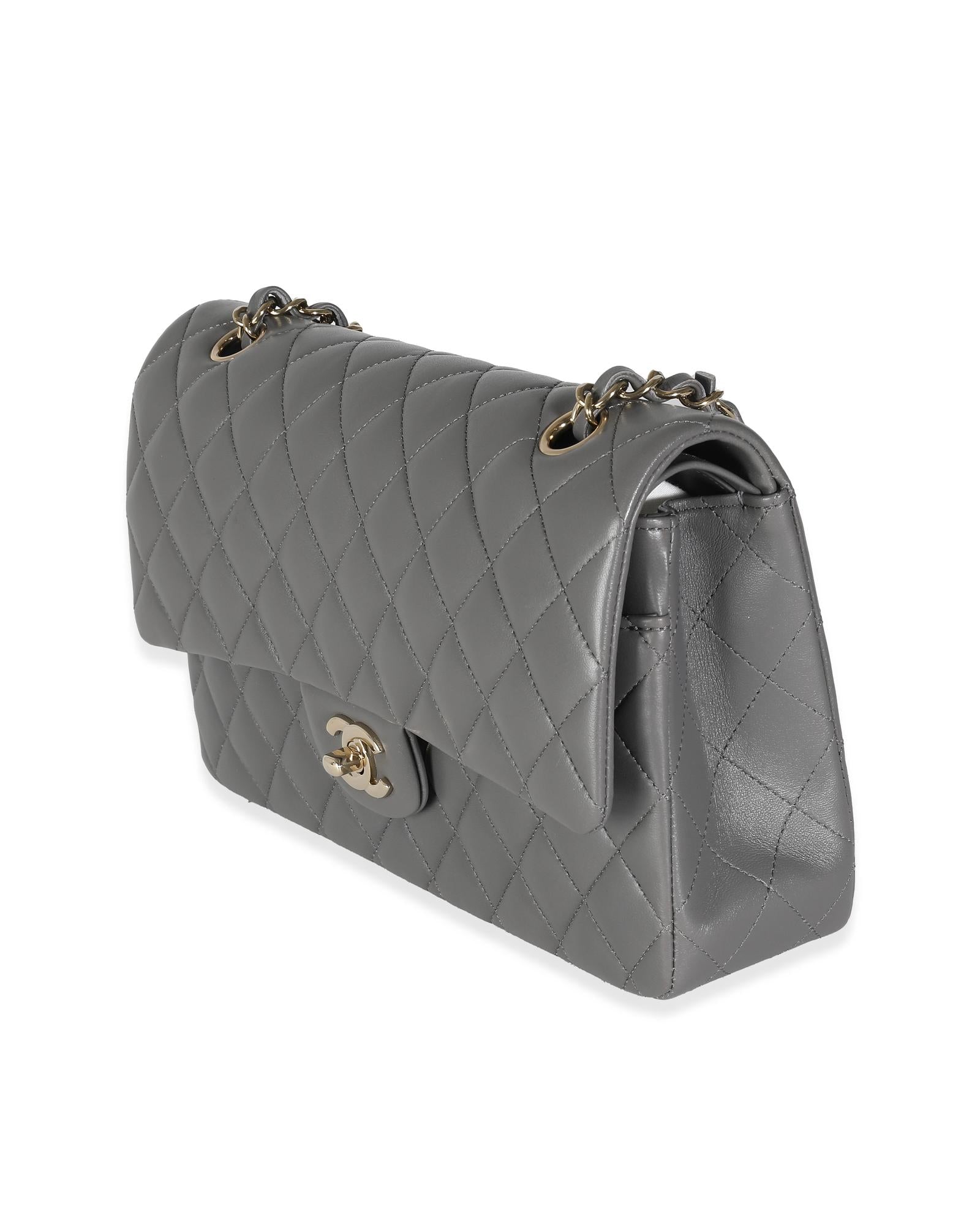 image of Grey Quilted Lambskin Medium Classic Double Flap Bag by Chanel