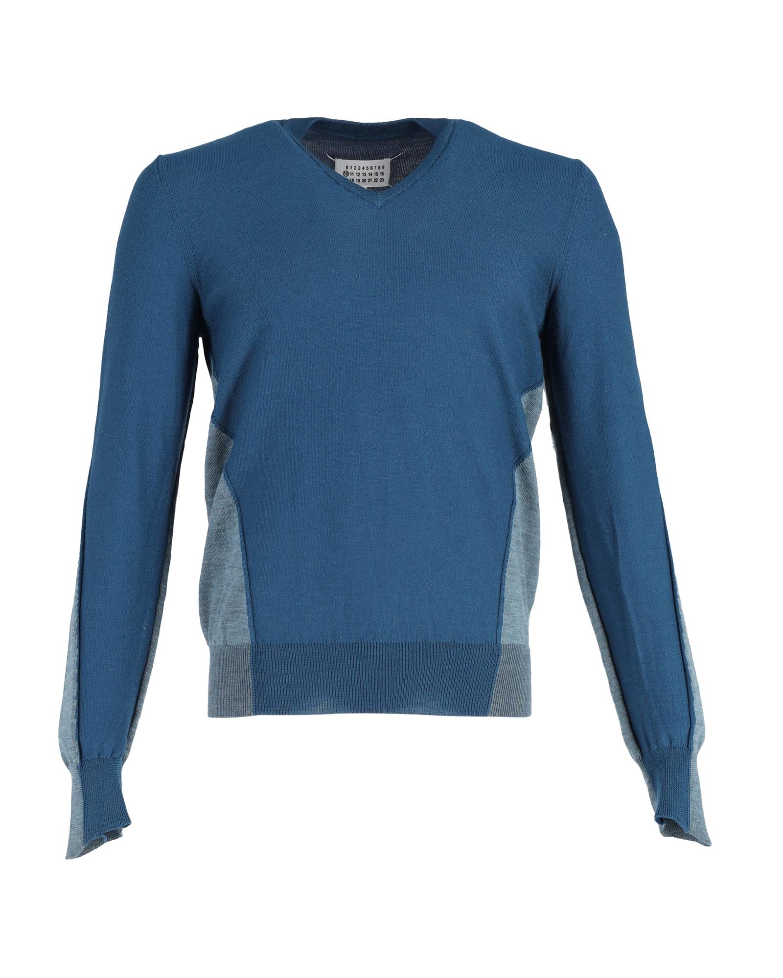 image of Two Tone Blue Wool Jumper with V-Neck by Maison Margiela