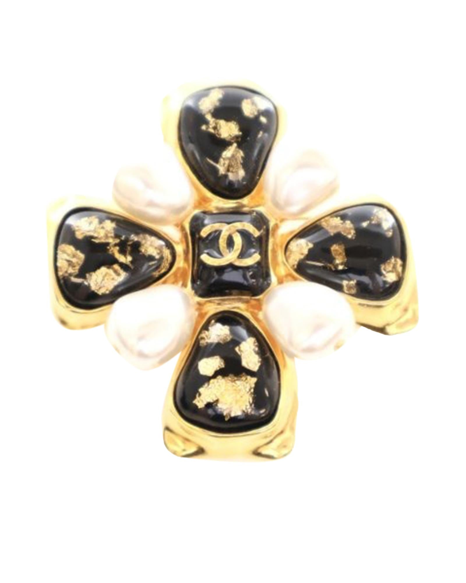 image of Resin and Gold Plated CC Brooch with Faux Pearl Embellishments