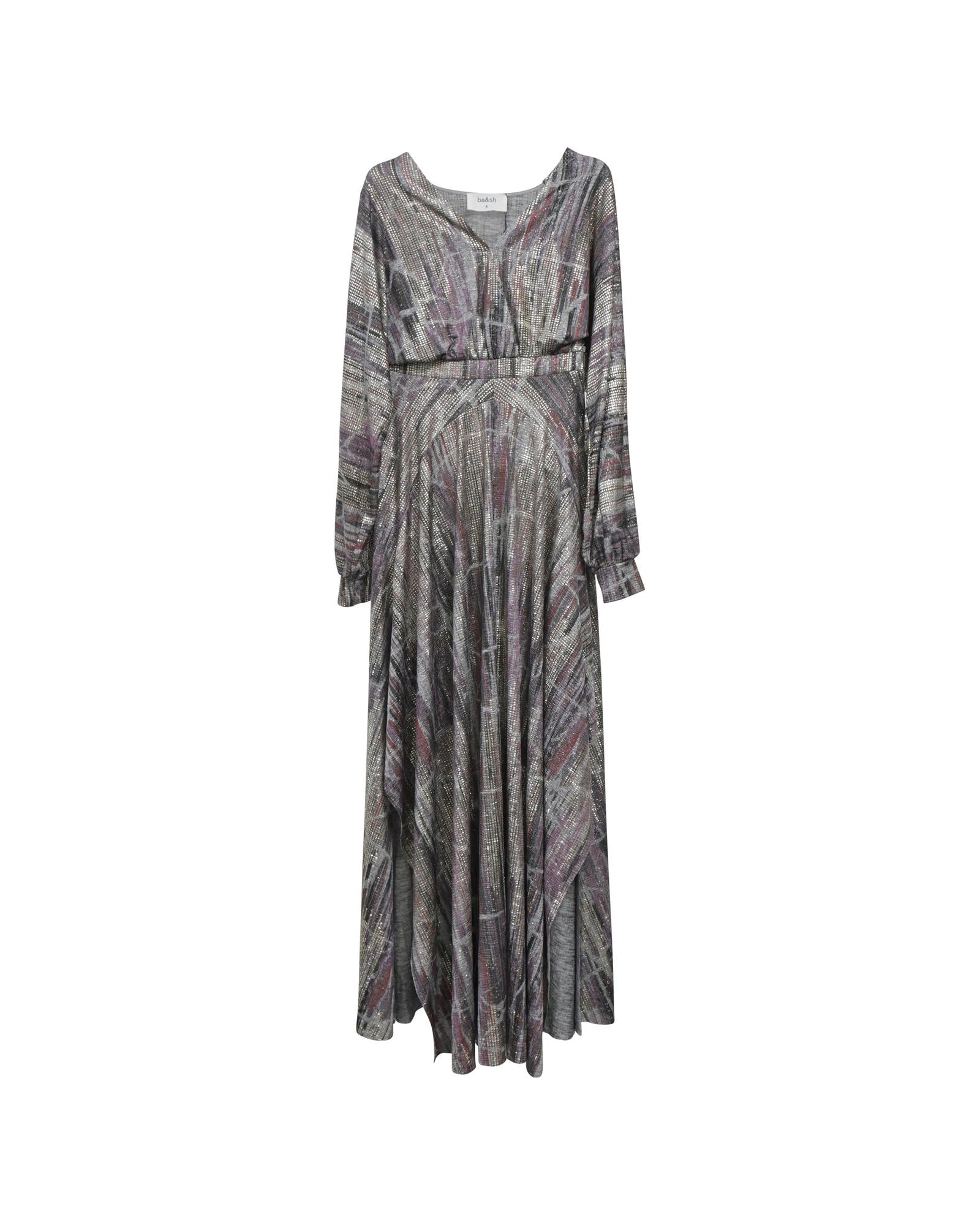 image of Metallic Maxi Dress with Abstract Print and Side Slit