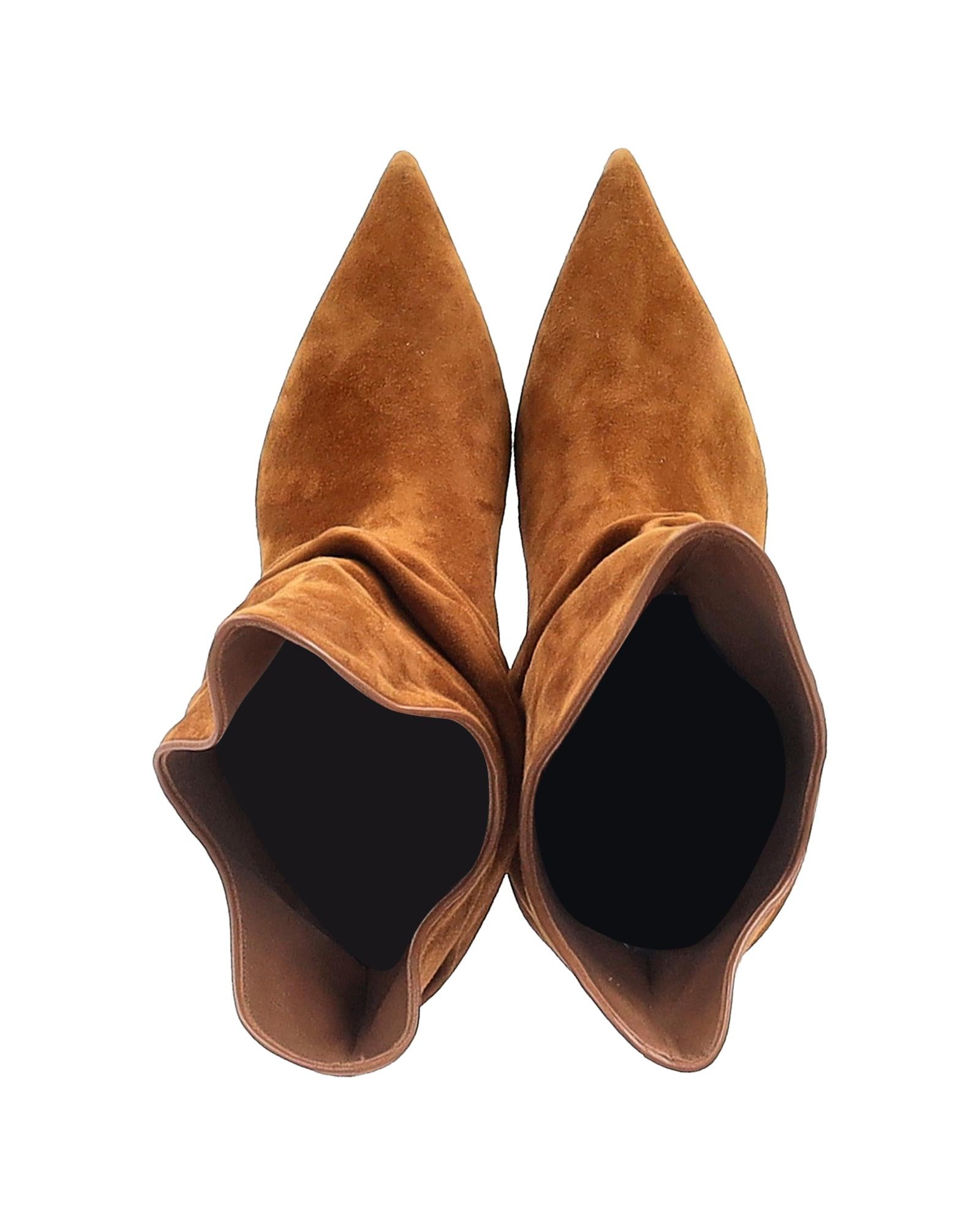 Image of Sleek Brown Suede Pointed Toe Slouch Boots with Low Heel