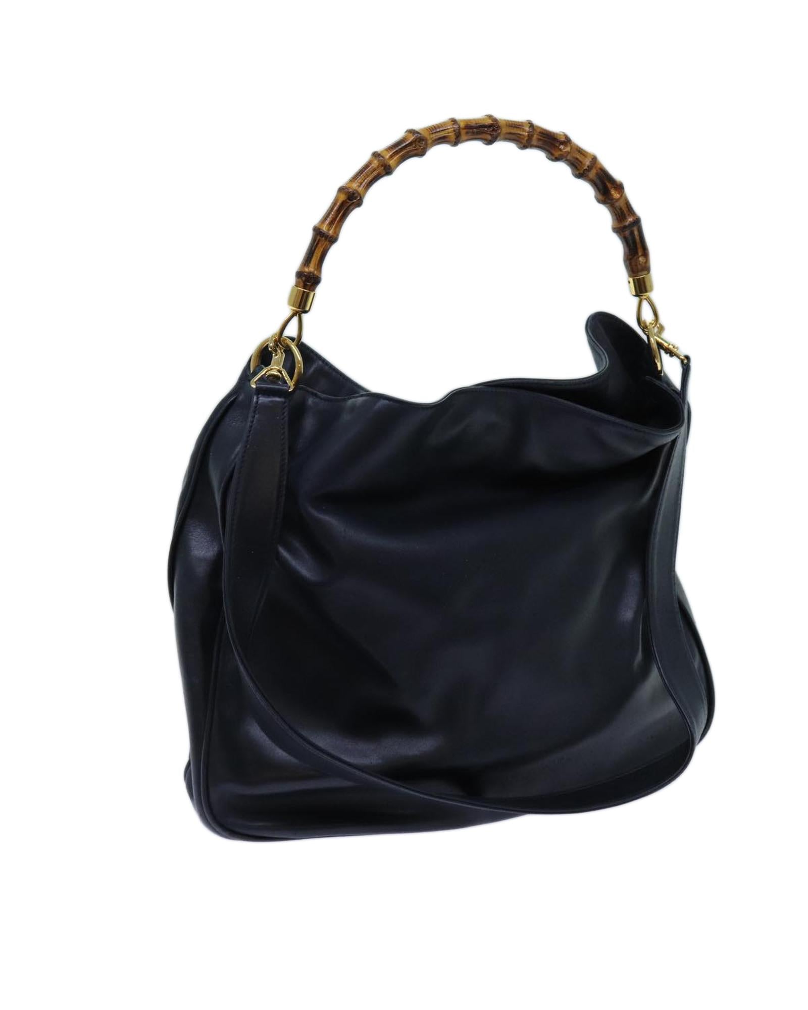 Image of Navy Leather 2-Way Hand Bag with Bamboo Handle