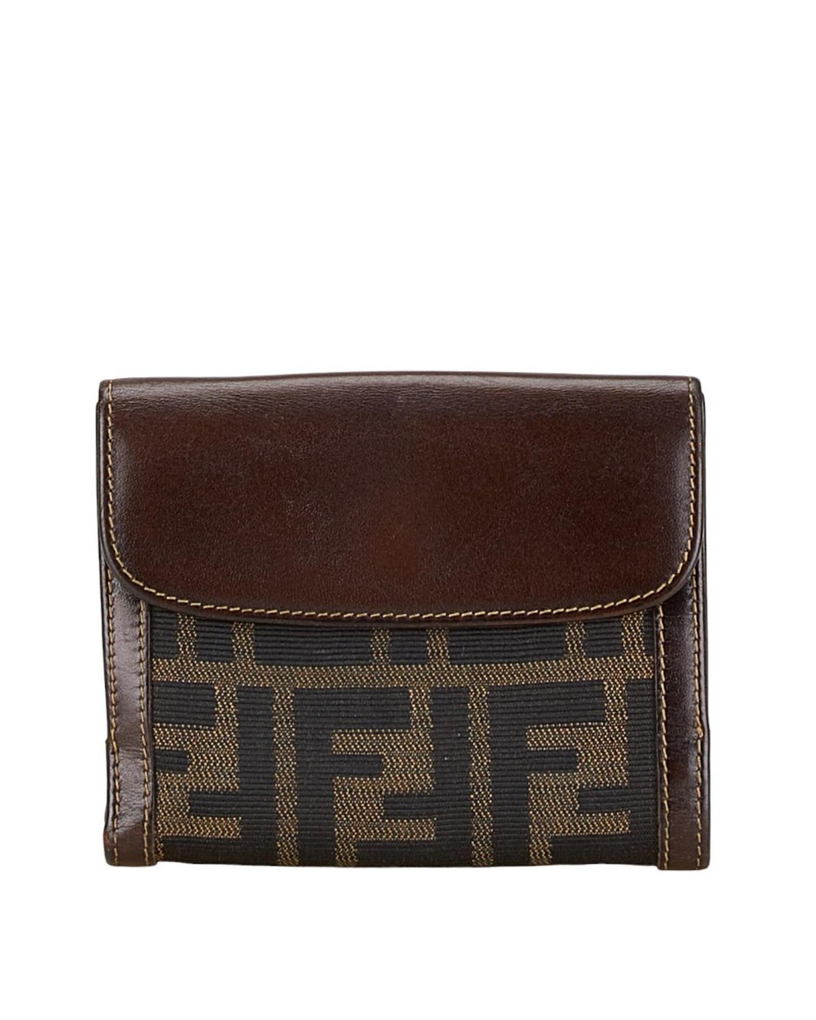 image of Authentic Fendi Canvas Leather Compact Wallet in Brown