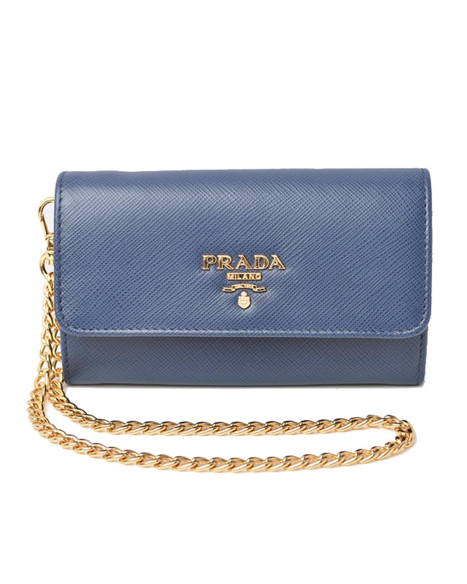 Image of Blue Saffiano Leather Chain Wallet for Women - Prada 1MC015