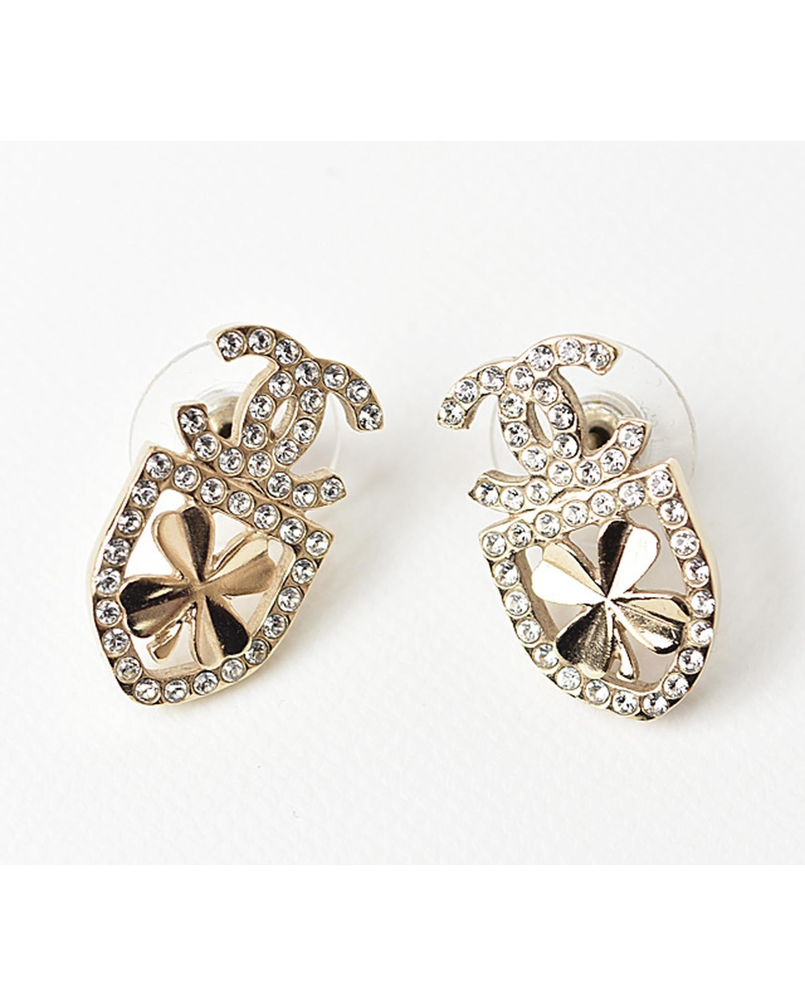 image of Gold Clover Motif Rhinestone Earrings by Chanel