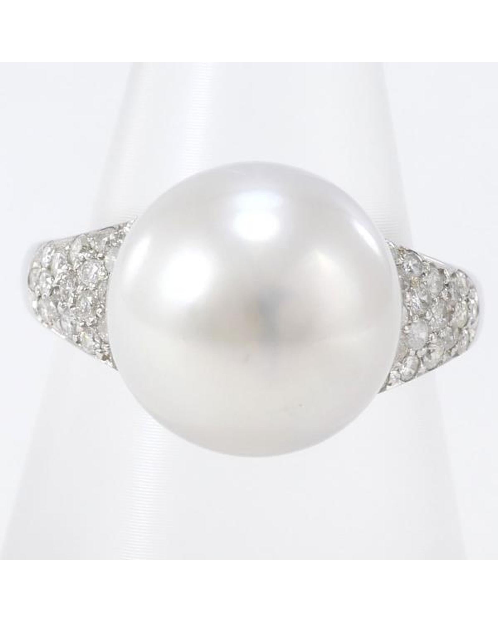 Image of Authentic K14 White Gold Pearl Ring with Diamond Accents