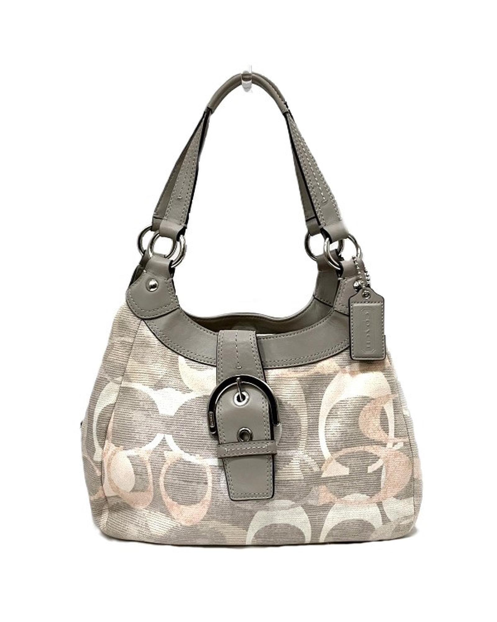 image of Grey Signature Canvas Handbag with Leather Accents