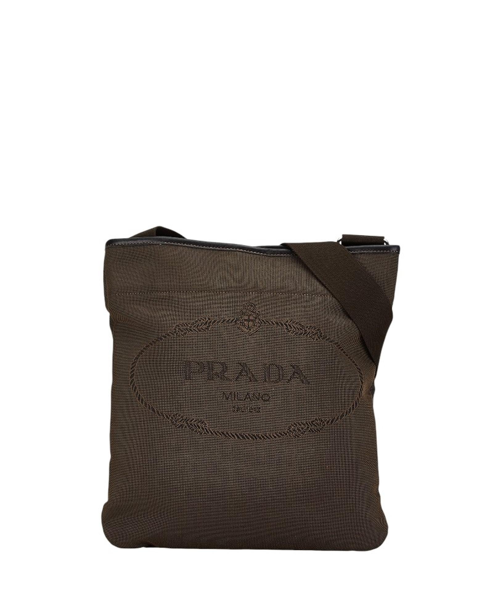 image of Brown Canvas Shoulder Bag with Logo Jacquard Design