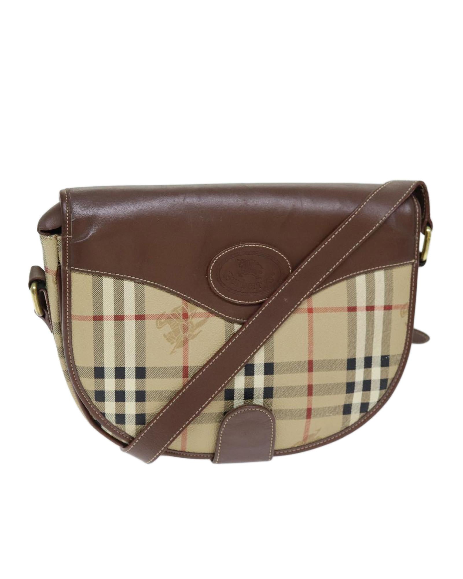 Image of Beige PVC Leather Shoulder Bag with Nova Check Pattern