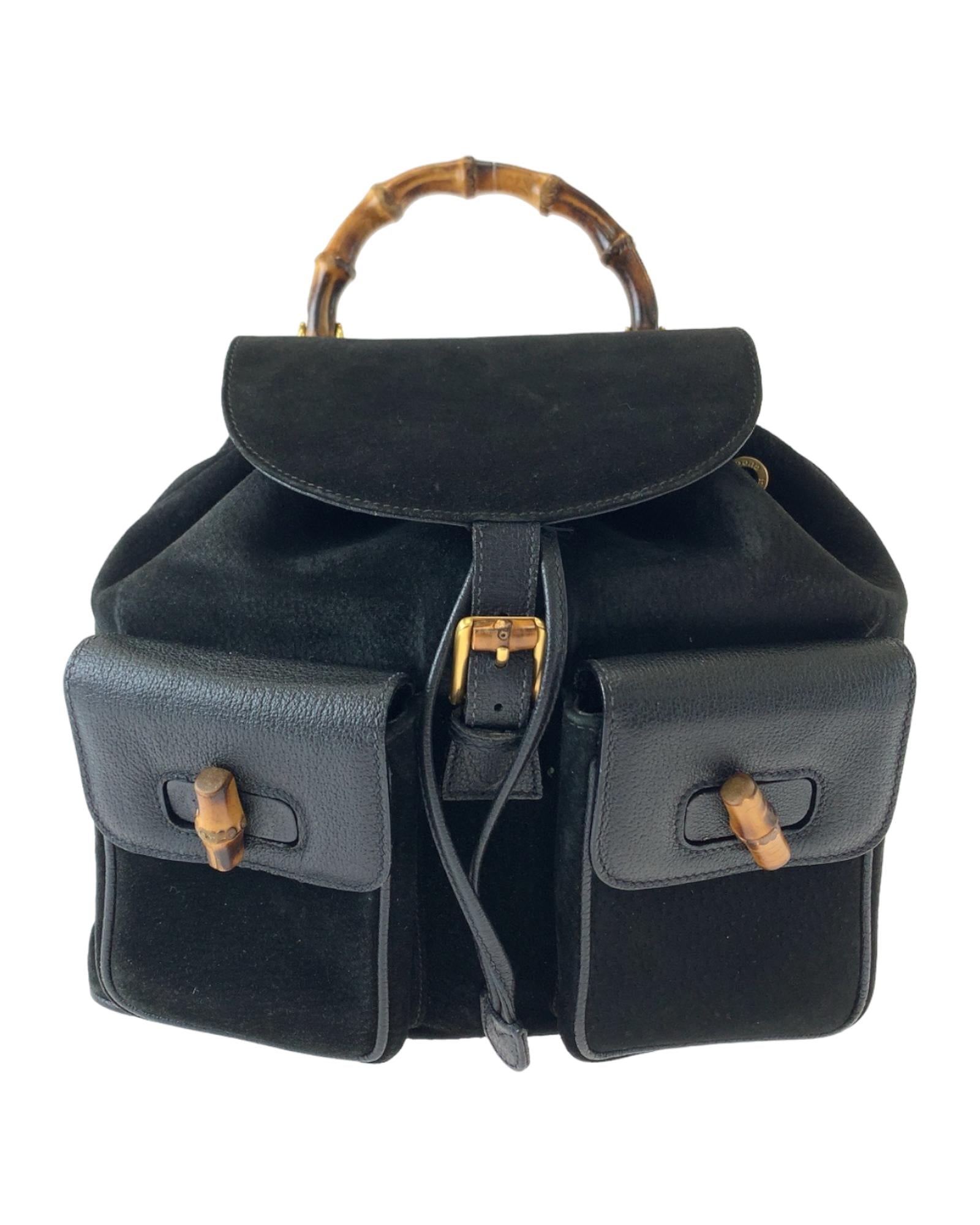 image of Black Leather Gucci Backpack with Bamboo Detail