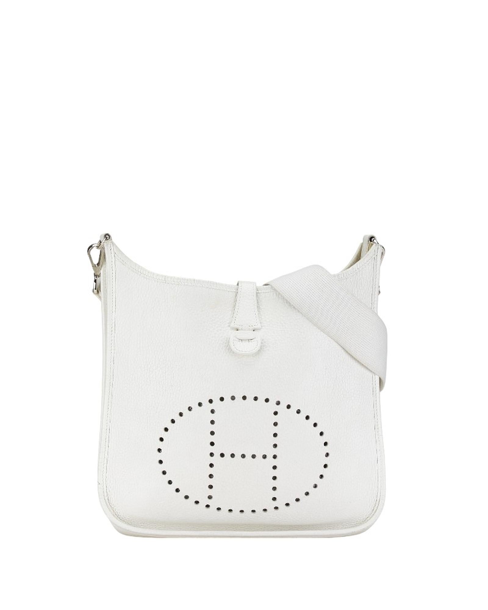 image of Authentic Hermes Leather Crossbody Bag in White with Silver Accents