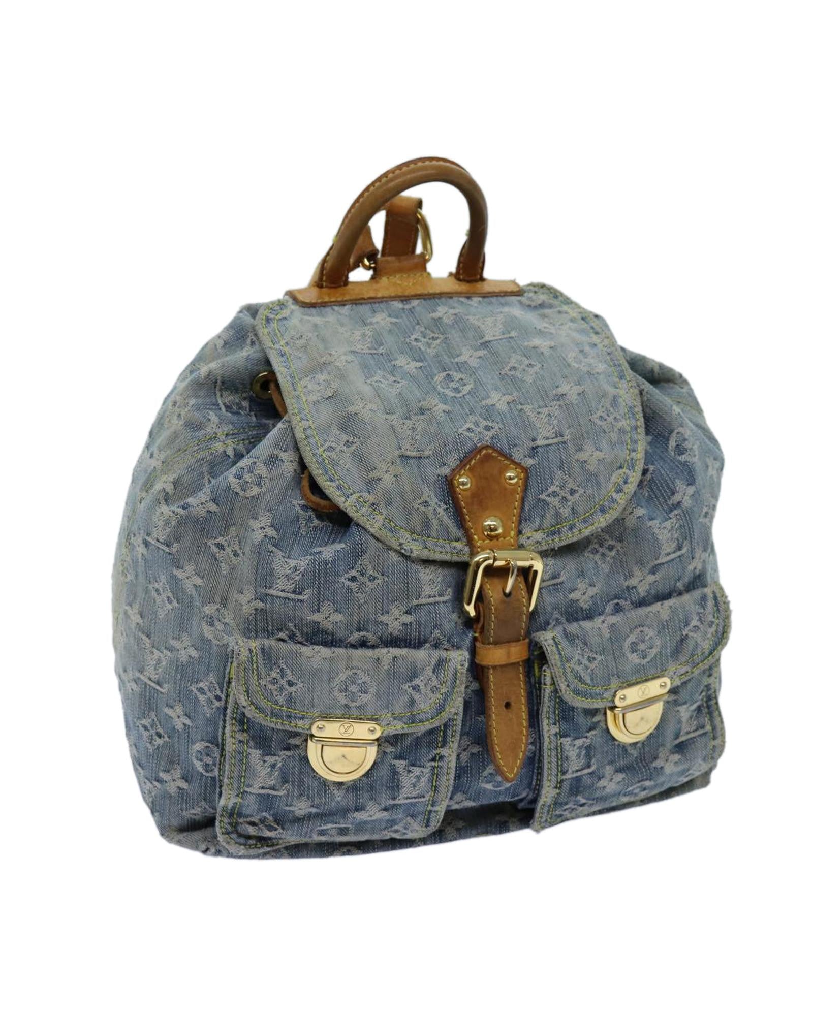 Image of Blue Monogram Denim Backpack with Leather Details