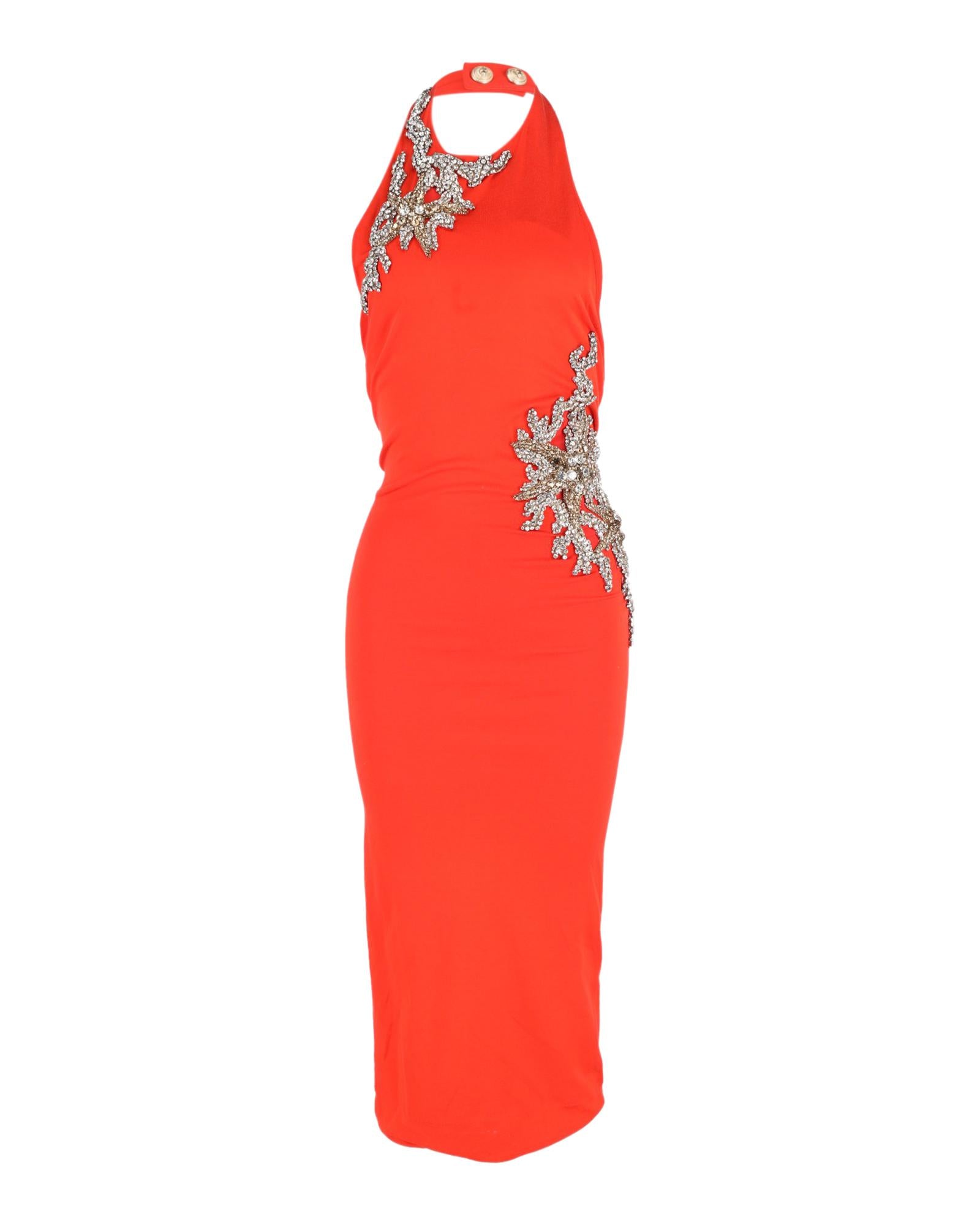 image of Crystal-Embellished Halter Neck Gown in Orange Viscose