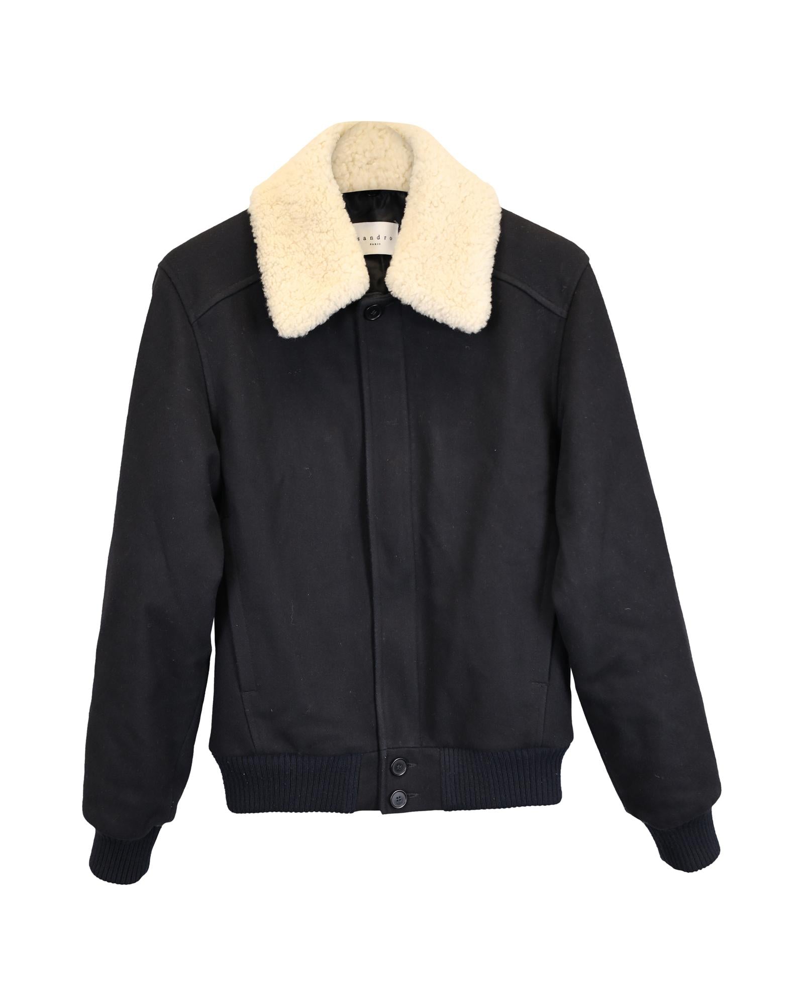 image of Shearling Collar Navy Blue Polyester Jacket