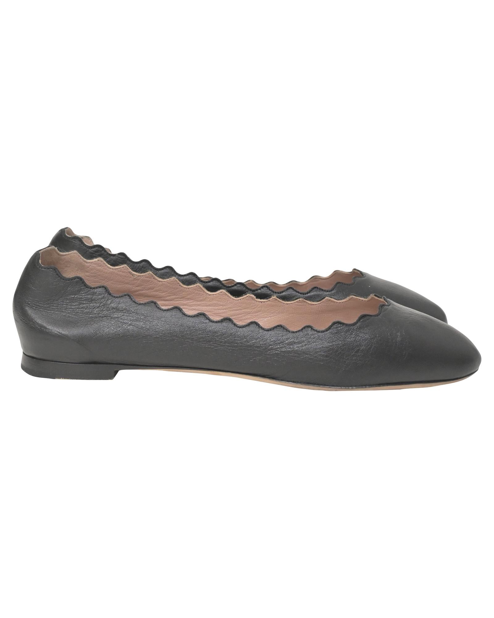 image of Black Leather Scalloped Ballet Flats