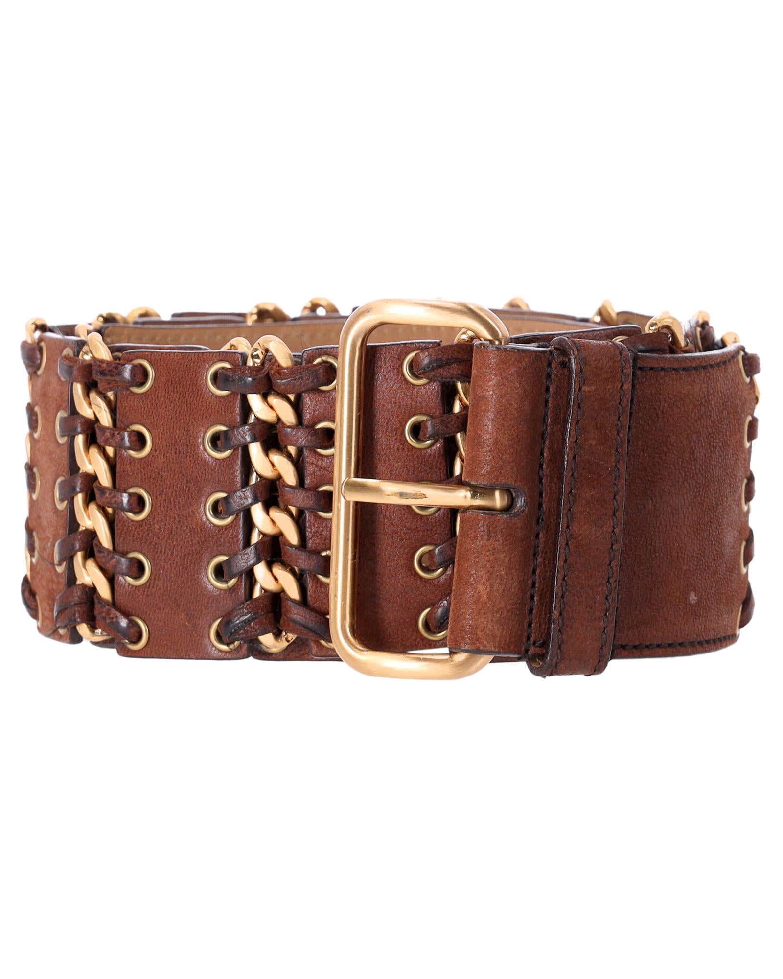 Image of Brown Leather Braided Belt with Gold Hardware by Prada