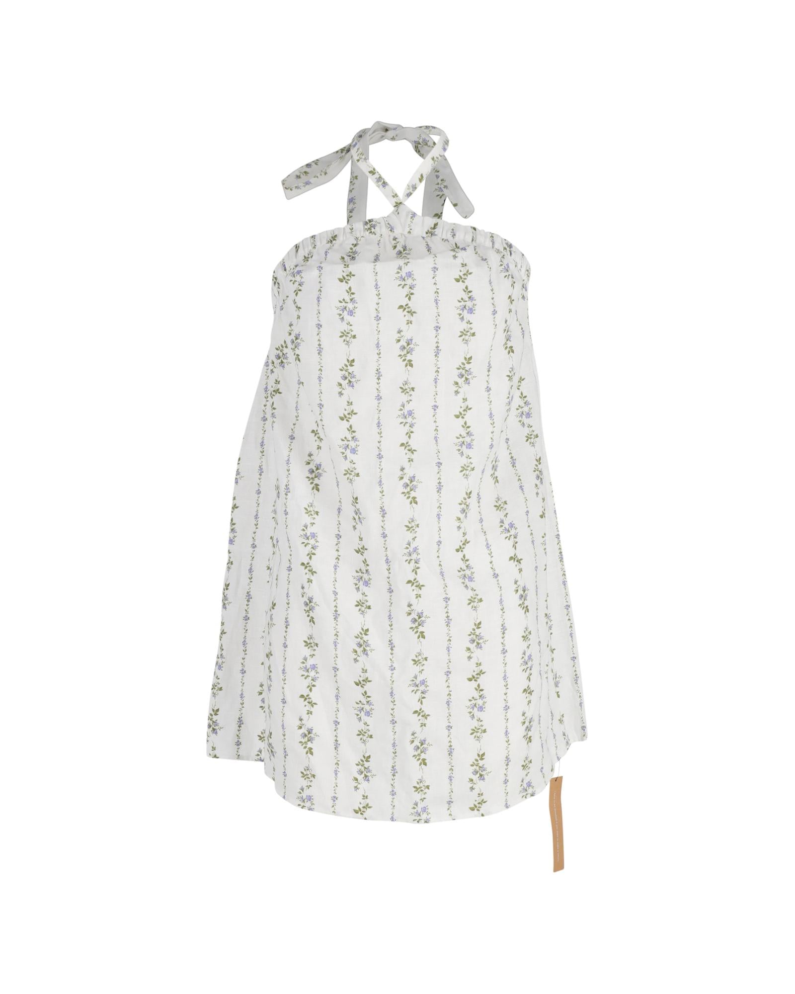 Image of Printed Linen Mini Dress with Drawstring Tie Top and Low Back