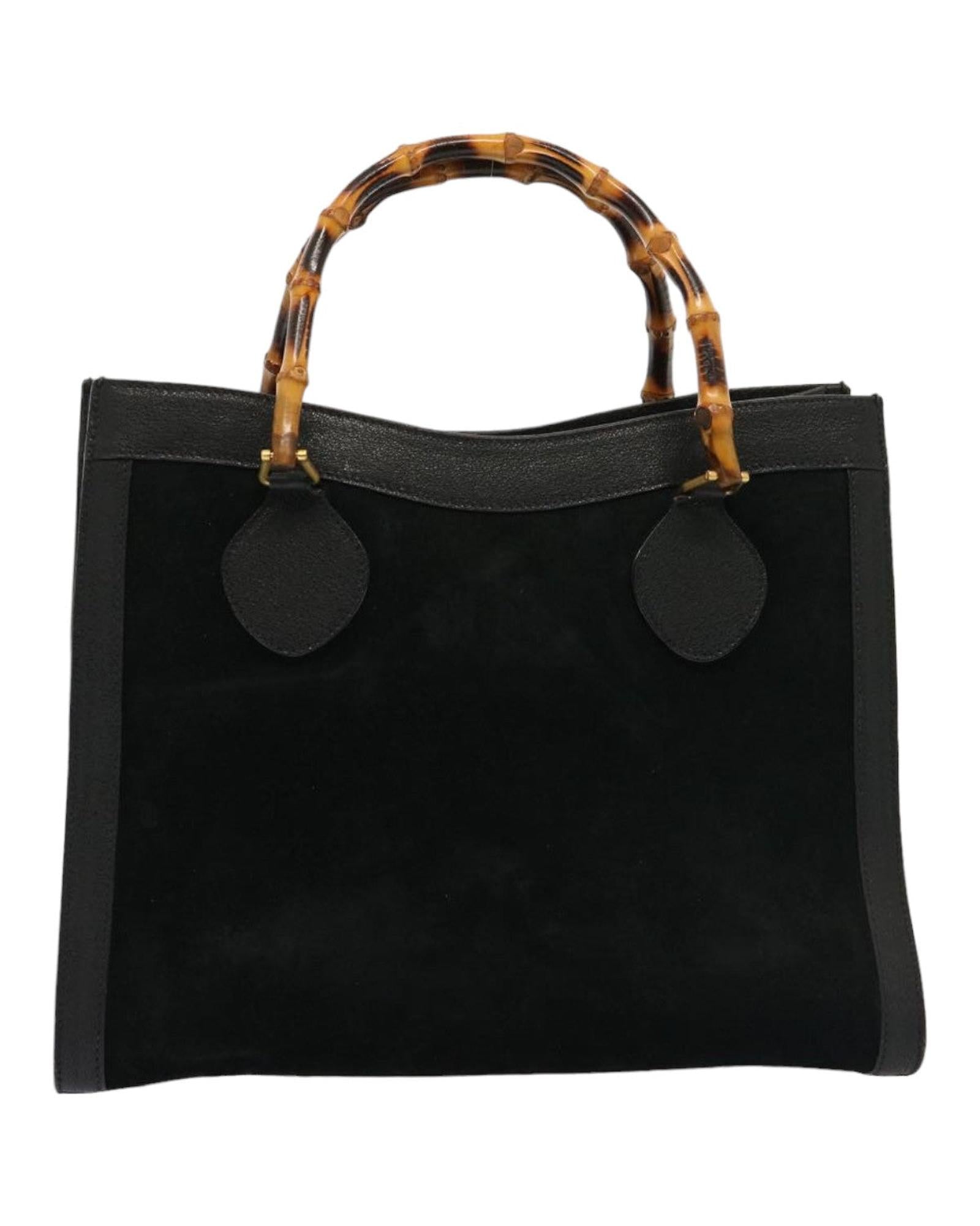 image of Suede Leather Bamboo Tote Bag - Black