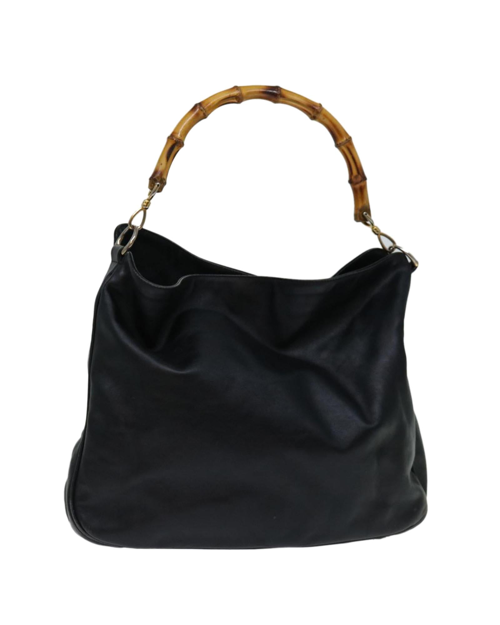 Image of Black Leather Shoulder Bag with Bamboo Detail