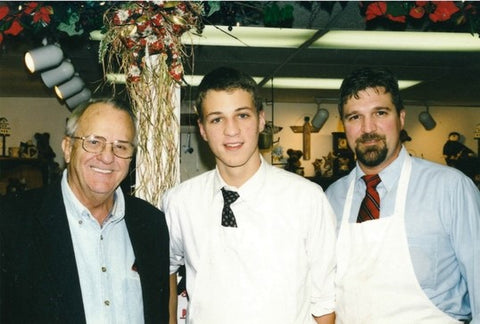 Stoltzfus Meats founder, Amos Stoltzfus (left), Myron's son, Zach (center), and Myron (right)