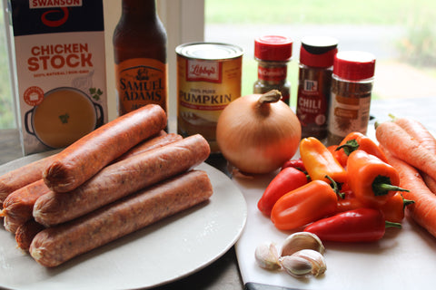 ingredients for pumpkin chili soup featuring Stoltzfus Meats Hot Italian and Sweet Italian sausage grillers