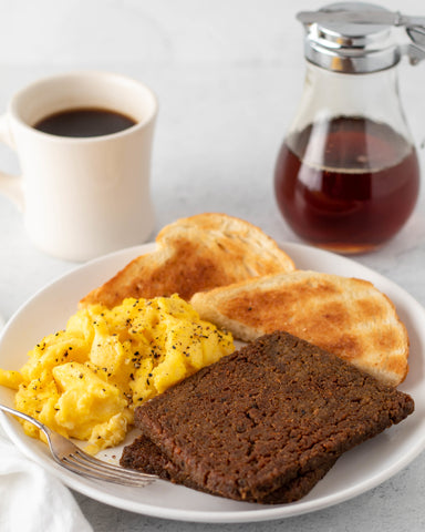 scrapple with toast, eggs, and coffee