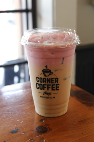 Strawberry dream iced coffee with cold foam at Corner Coffee Shop