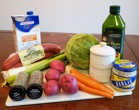 ingredients for Cabbage, Sausage, and Potato Soup