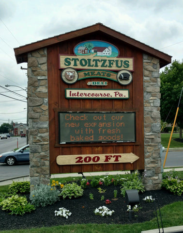 Stoltzfus Meats sign out front of Intercourse, PA