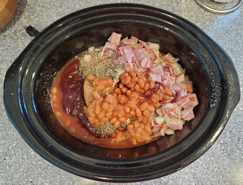 all the ingredients for Slow Cooker Baked Beans in a cooker