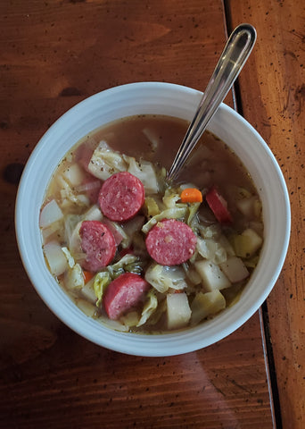 completed bowl of Cabbage, Sausage, and Potato Soup