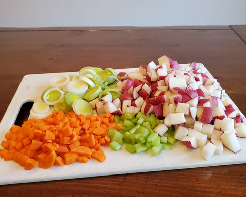 prepped ingredients for Cabbage, Sausage, and Potato Soup