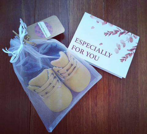 Baby moccasins and first walker shoes are a unique newborn, baby shower or first birthday gift that parents will adore. Delivery Australia-wide and you can add a personal message on our gift greeting card.