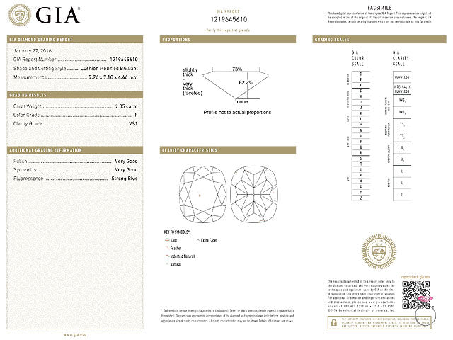 2.05 carat F, VS1 Cushion Brilliant cut Diamond GIA