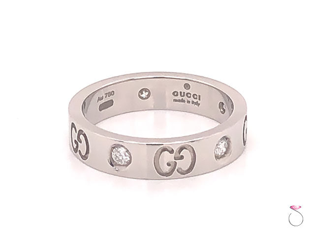 Gucci 5 Diamond Icon Band Ring, 4 mm Wide, 18K White Gold Size 4.50