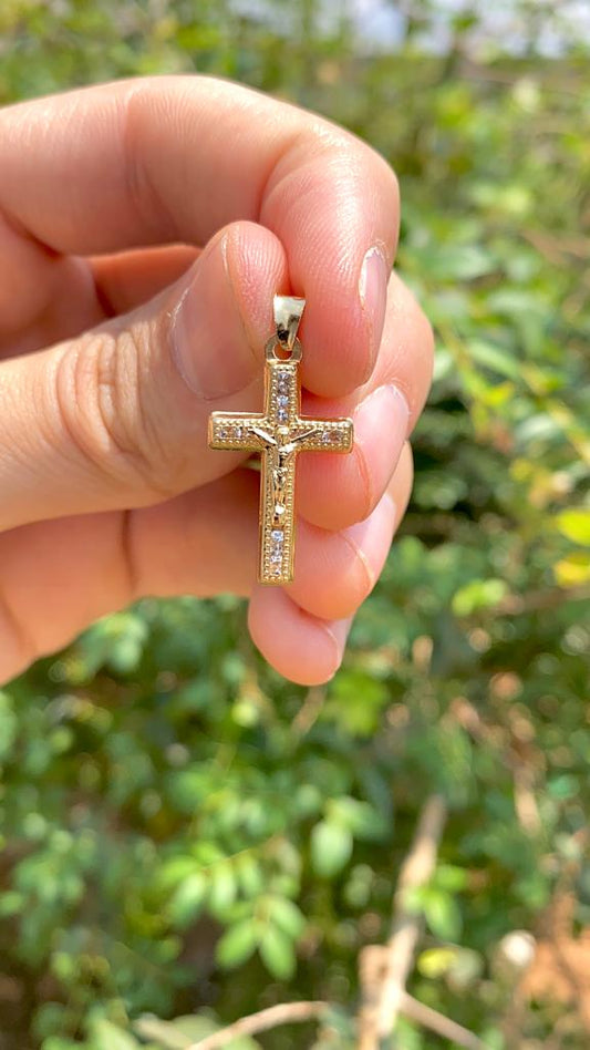 Rustic Cross Pendant Crucifix Charm Medal for Mens Womens 33x18mm Gold Filled