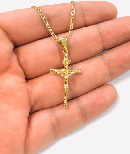 Figaro Link Cross Necklace For Men or Women Gold Filled 33x18mm in