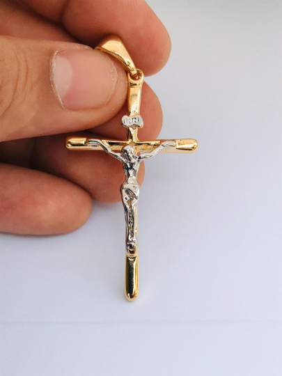 Cross Necklace Two Tone for Mens in Gold Filled Figaro Chain Necklace 24/  Cadena Con Dije De Cruz Para Hombre 1.8x1.13 / Crucifix Necklace 