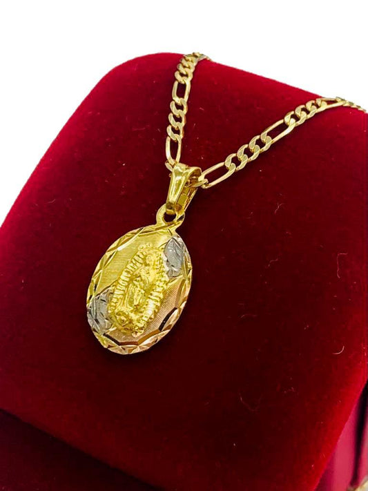 Cadena de la Virgen de Guadalupe tres Oros para Mujer 18" Figaro Chain  Necklace