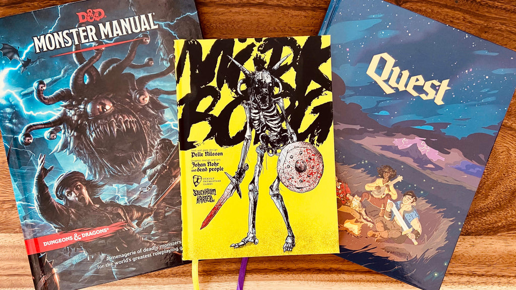 DnD Monster Manual, Mork Borg, and Quest RPG
