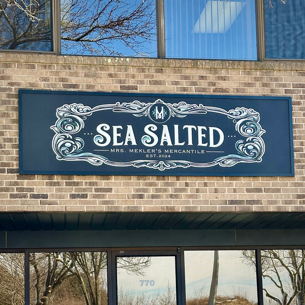 Exterior sign for the Sea Salted by Mrs. Mekler's Mercantile retail store located in Pembroke, Massachusetts