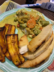 Breakfast by Mom, Saltfish rundown, fried breadfruit and ripe plantain.  Boom